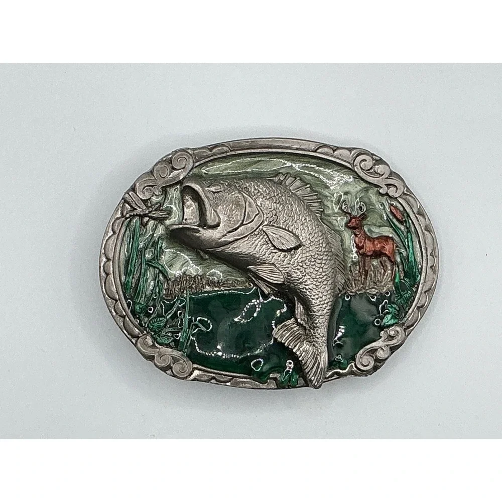 Vintage 1986 CJ Inc Largemouth Bass Deer Belt Buckle CJ 1038 Made in USA‎ Enamel